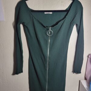 Heart Hips Forest Green Ribbed Long Sleeve Dress